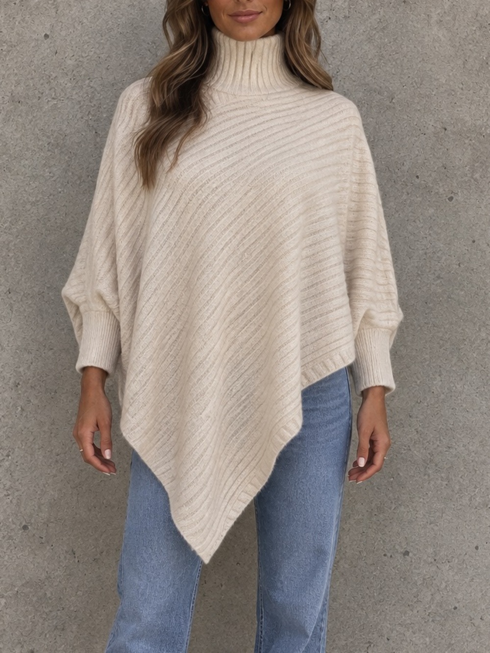 LOOK by M New York Soft Knit Turtleneck Poncho One Size Coastal Cottagecore